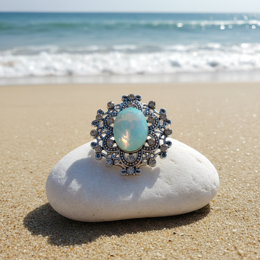 An ornate silver-tone oval snap button featuring a faceted light blue-green center stone and surrounding clear rhinestones, displayed on a beach.