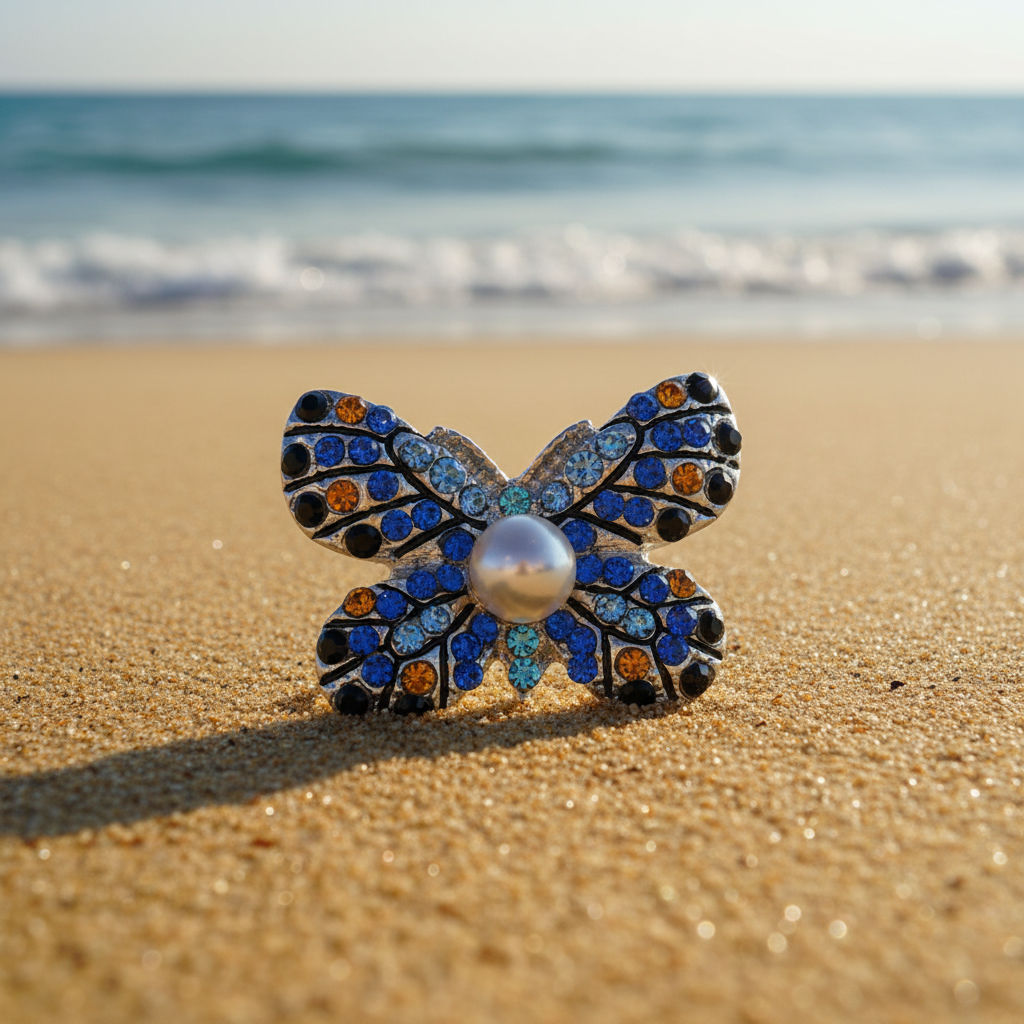 A butterfly-shaped snap button featuring a central white pearl surrounded by blue, light blue, and amber rhinestones on a silver-toned setting, displayed on a beach.
