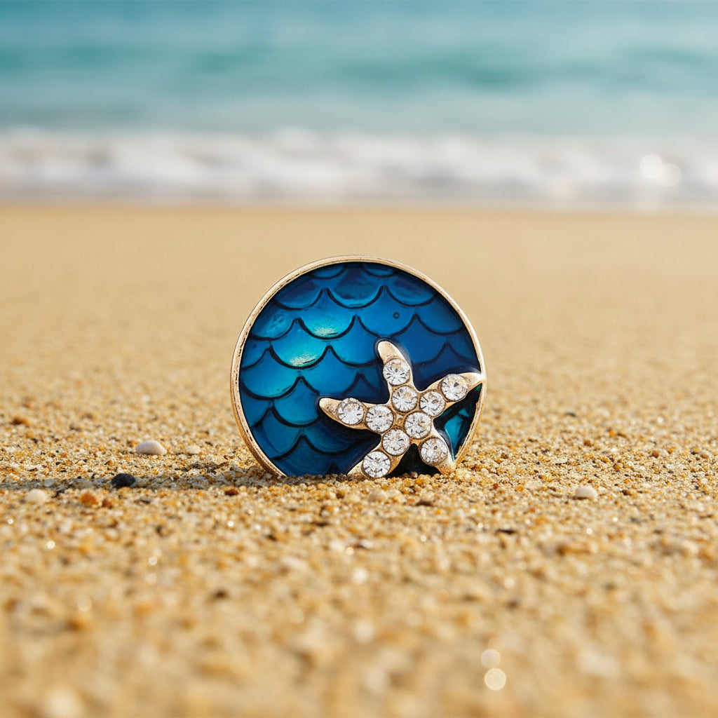 A round gold-tone snap button featuring a blue enamel mermaid scale pattern and a gold-tone starfish embellished with clear rhinestones, set against a white and gray glittery background.