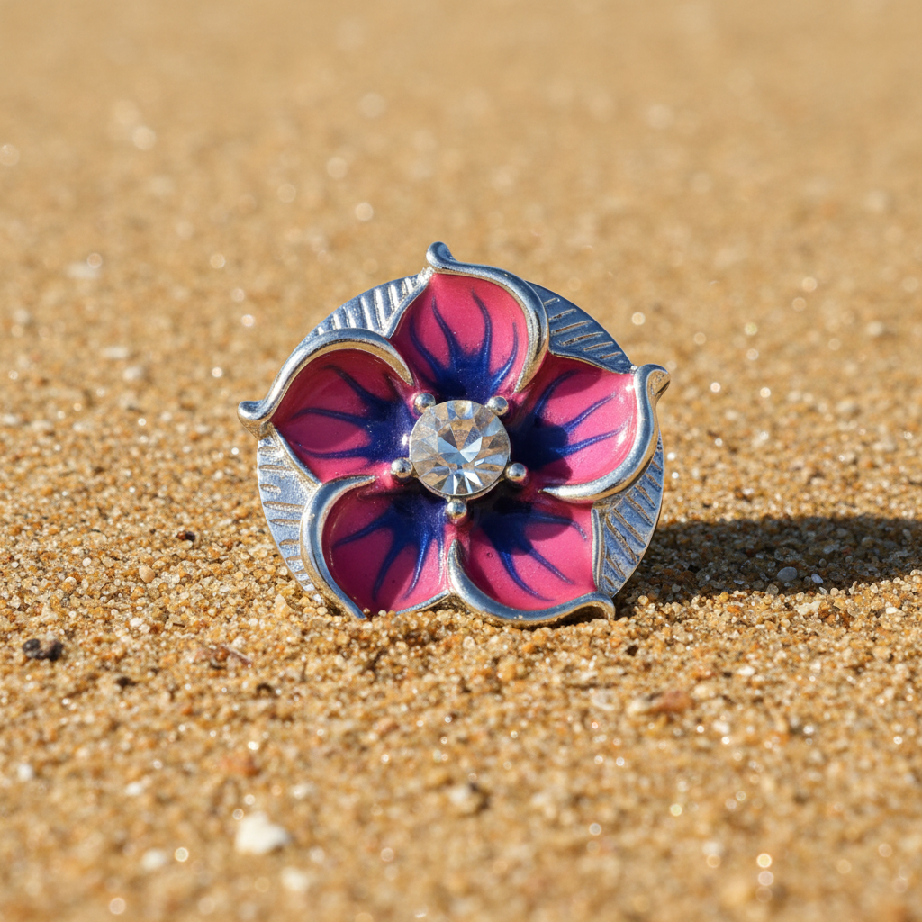 A circular flower-shaped snap button with vibrant pink and blue marbled enamel petals, a silver-toned textured border, and a clear rhinestone in the center, set against a sparkly white background.