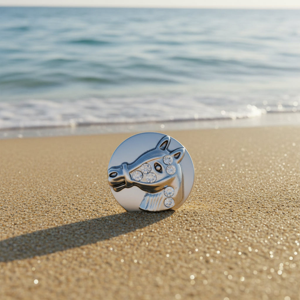 A silver circular snap button featuring a stylized horse head design set with small clear rhinestones, displayed on a sparkly beach.
