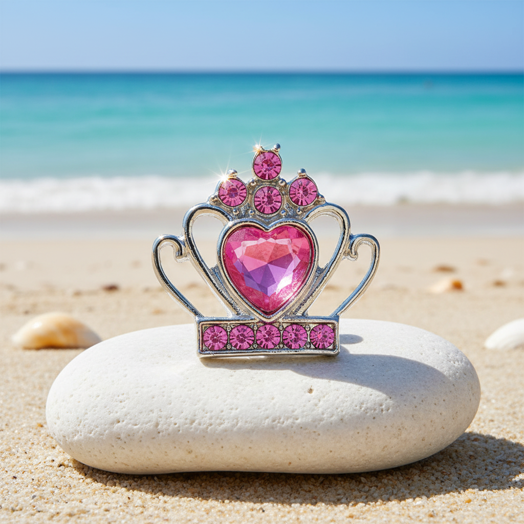 A silver crown-shaped snap button featuring a large heart-shaped pink crystal in the center and smaller pink crystals around the top and base