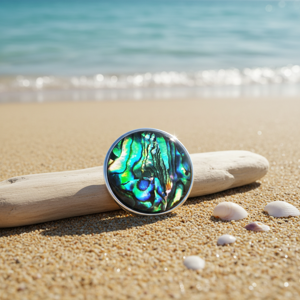 A round snap button gemstone featuring a vibrant green, blue, and turquoise abalone shell pattern, set in a silver bezel on a beach background.