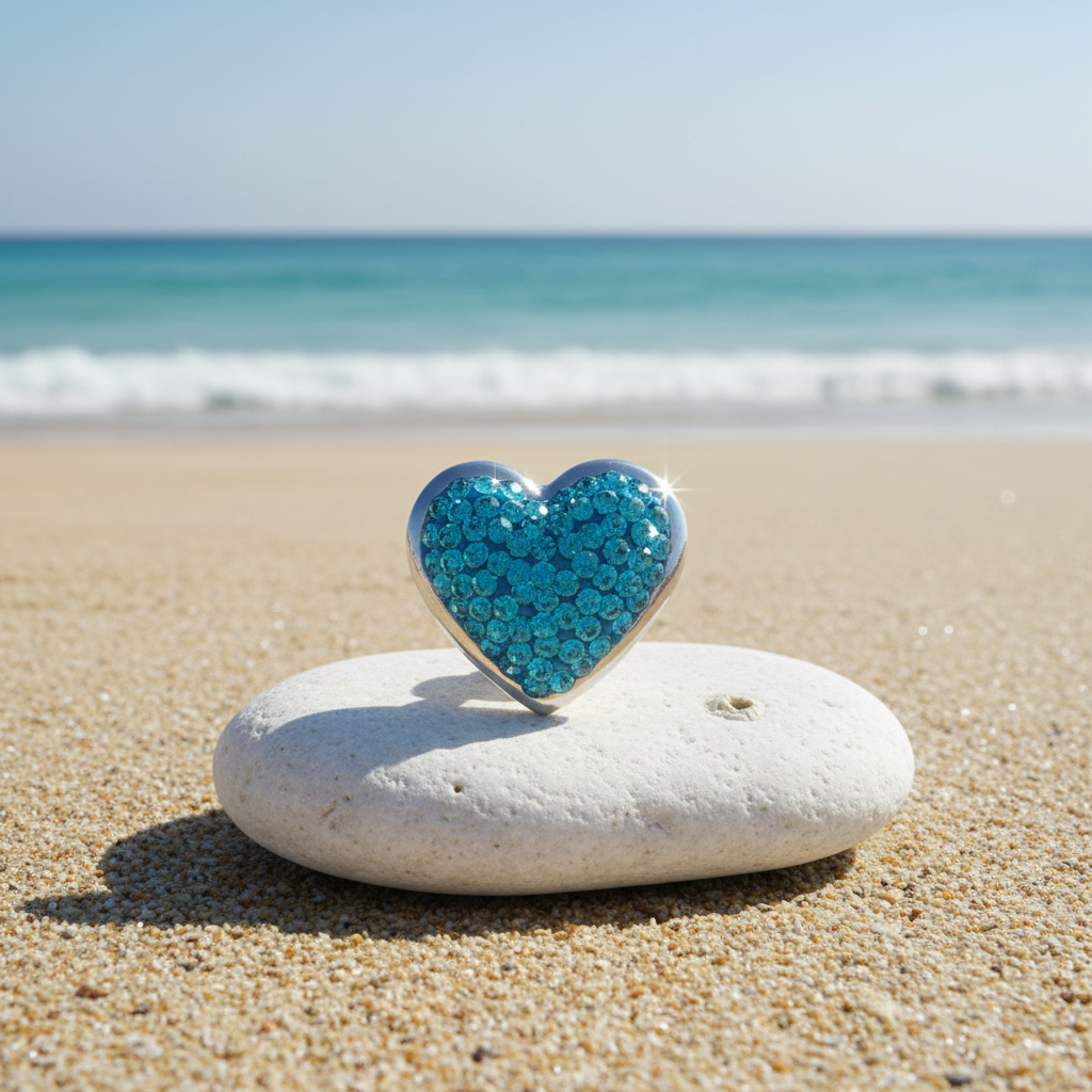 A heart-shaped silver snap button paved with bright blue cubic zirconia stones, resting on a white surface.