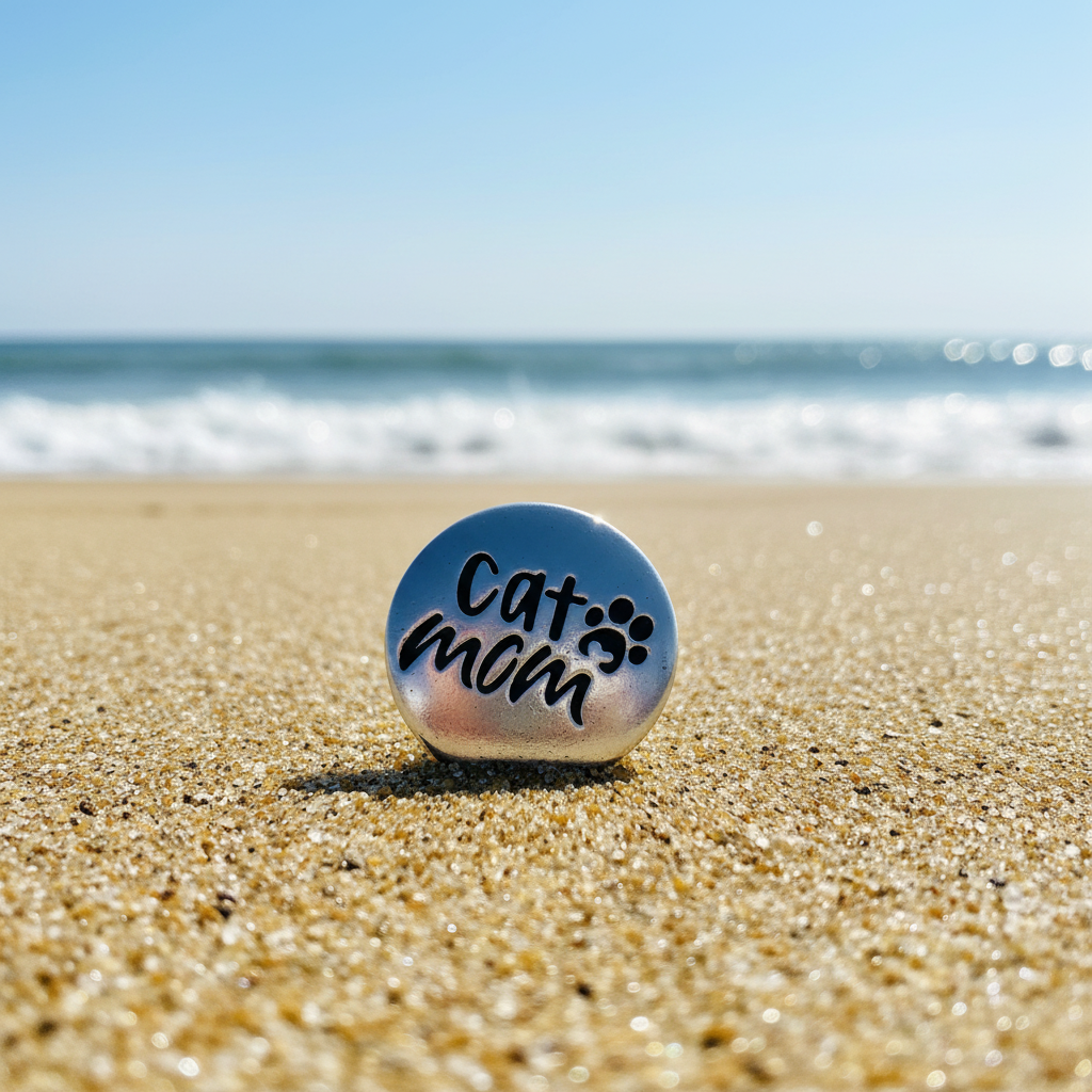 A round silver-toned snap button with the words 'Cat mom' and a small paw print in black, photographed on a bright white reflective surface.