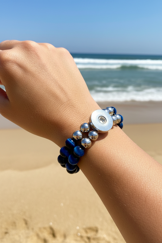 Statement Blue Double Strand Beaded Stretch Bracelet
