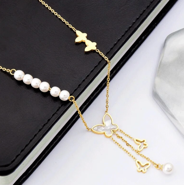 Pearl Butterfly Shell 3 Tassel Charms Necklace