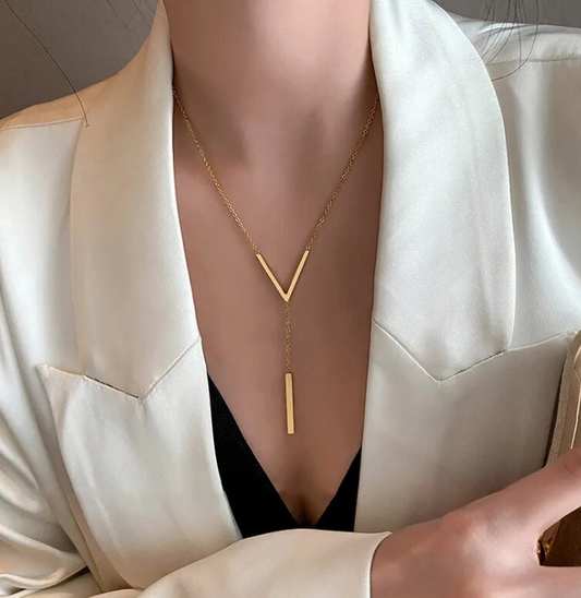 Gold Tone Long V Dangle Necklace
