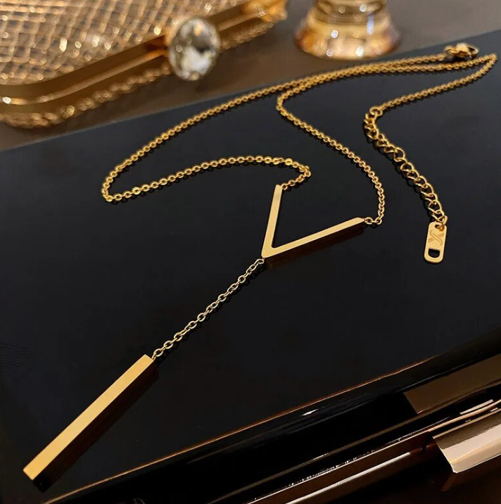 Gold Tone Long V Dangle Necklace