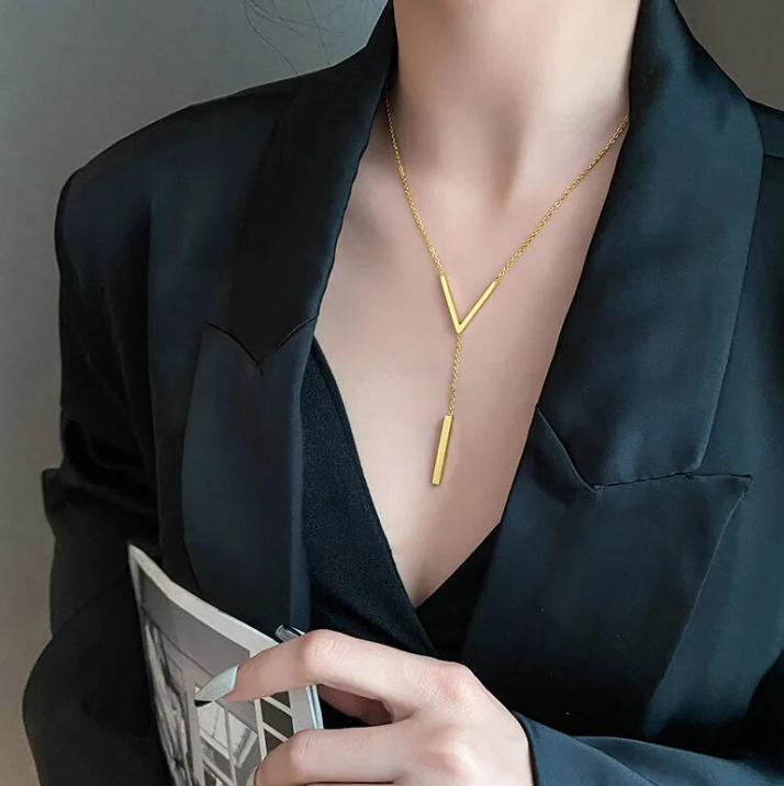 Gold Tone Long V Dangle Necklace