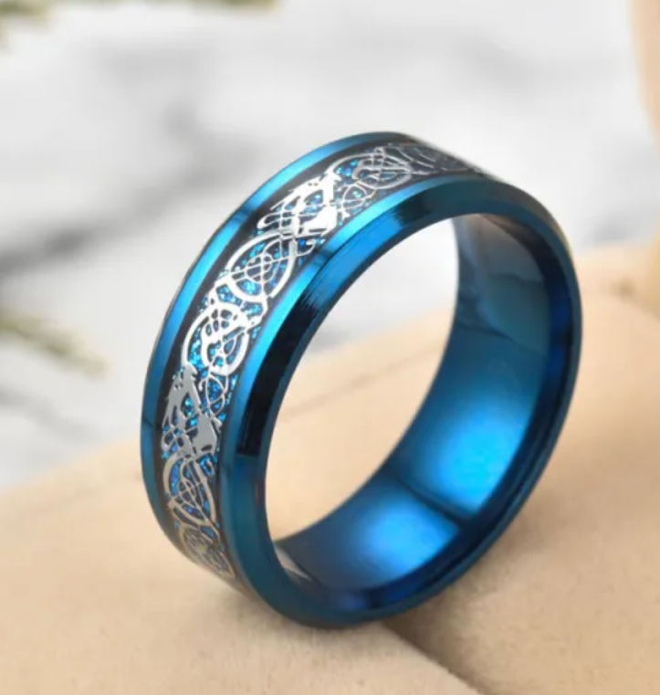 Blue With Silver Swirl Stainless Steel Ring