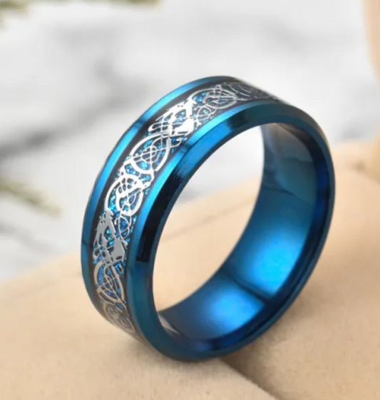 Blue With Silver Swirl Stainless Steel Ring
