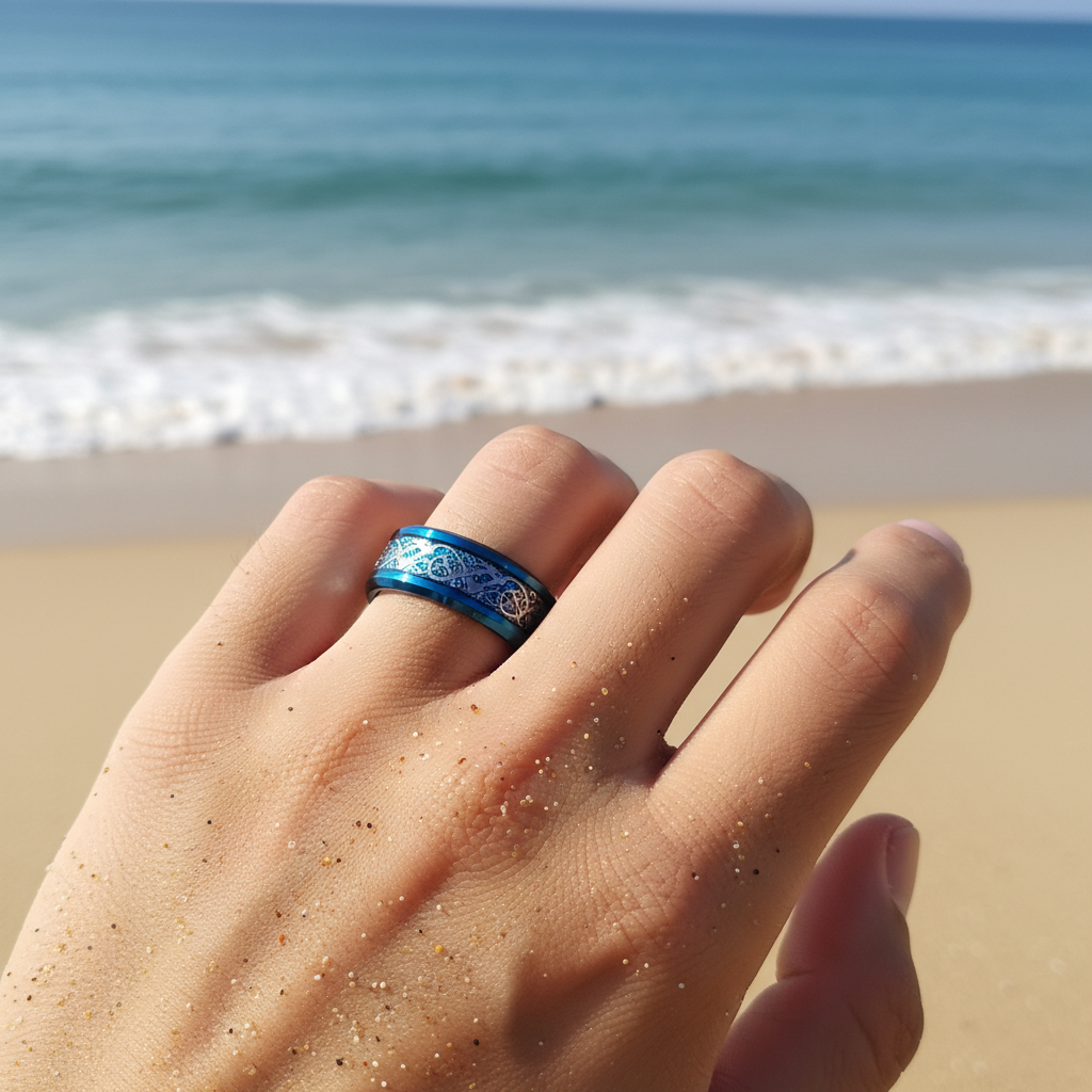 Blue With Silver Swirl Stainless Steel Ring