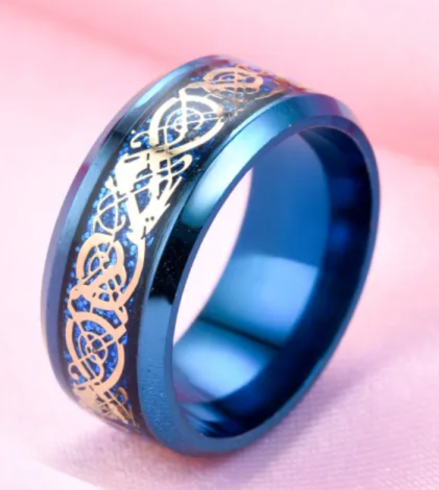 Blue With Gold Swirl Stainless Steel Ring