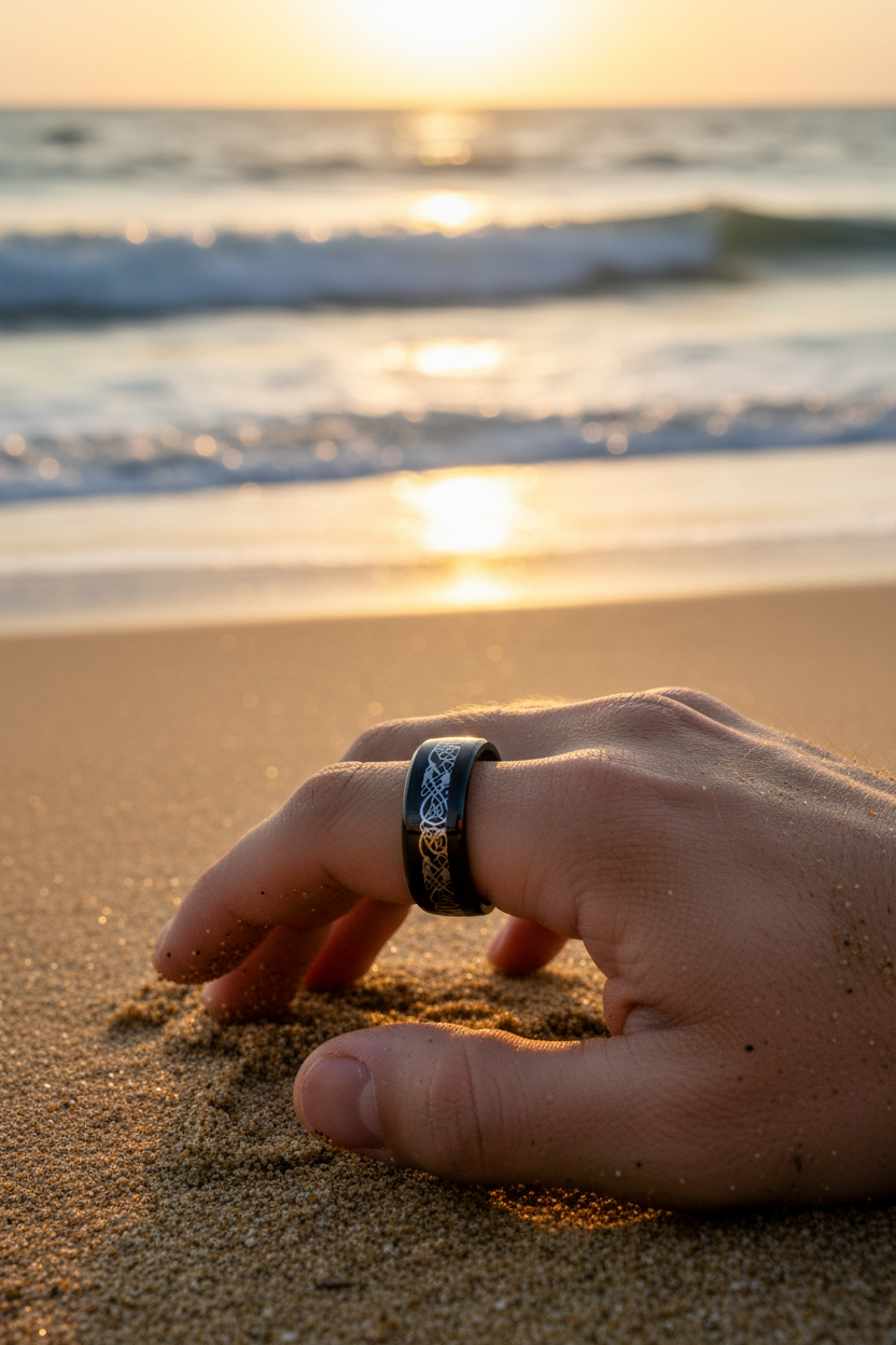 Black With Silver Swirl Stainless Steel Ring