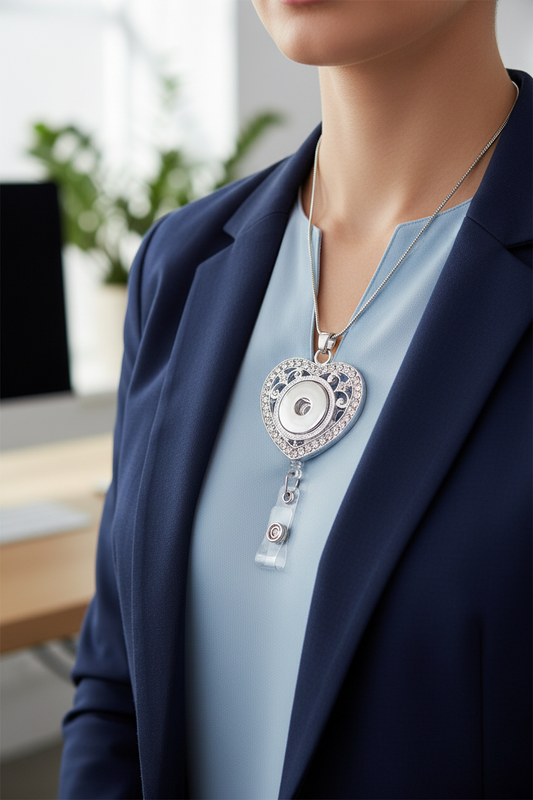 A silver heart-shaped pendant necklace with rhinestone detailing and a clear retractable badge reel attached below.  A Snappy Jewels exclusive.  Pair with a statement snap.