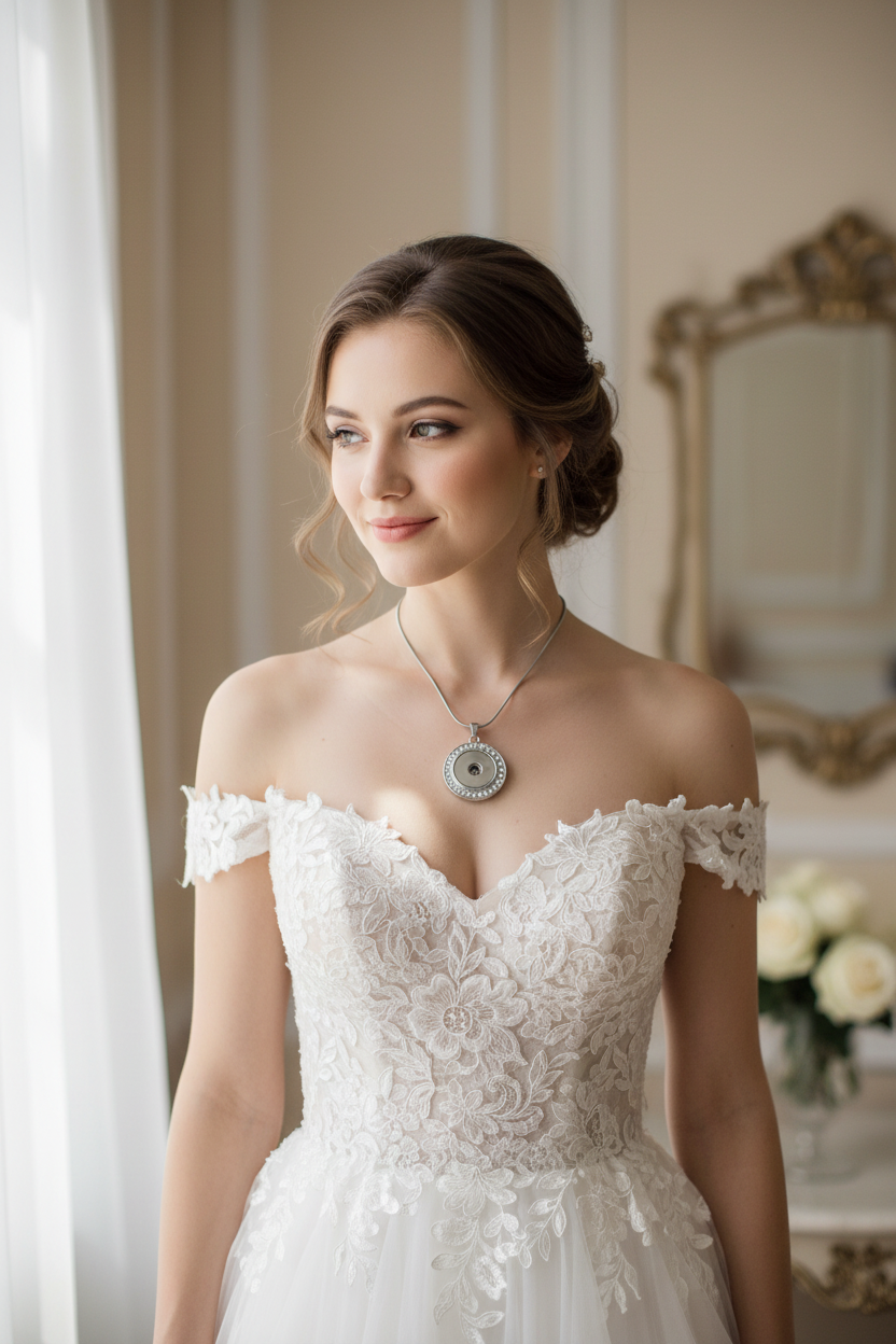 A silver-toned round pendant necklace with a bezel-set border of clear rhinestones and a central bail, suspended from a matching snake chain on a bride.