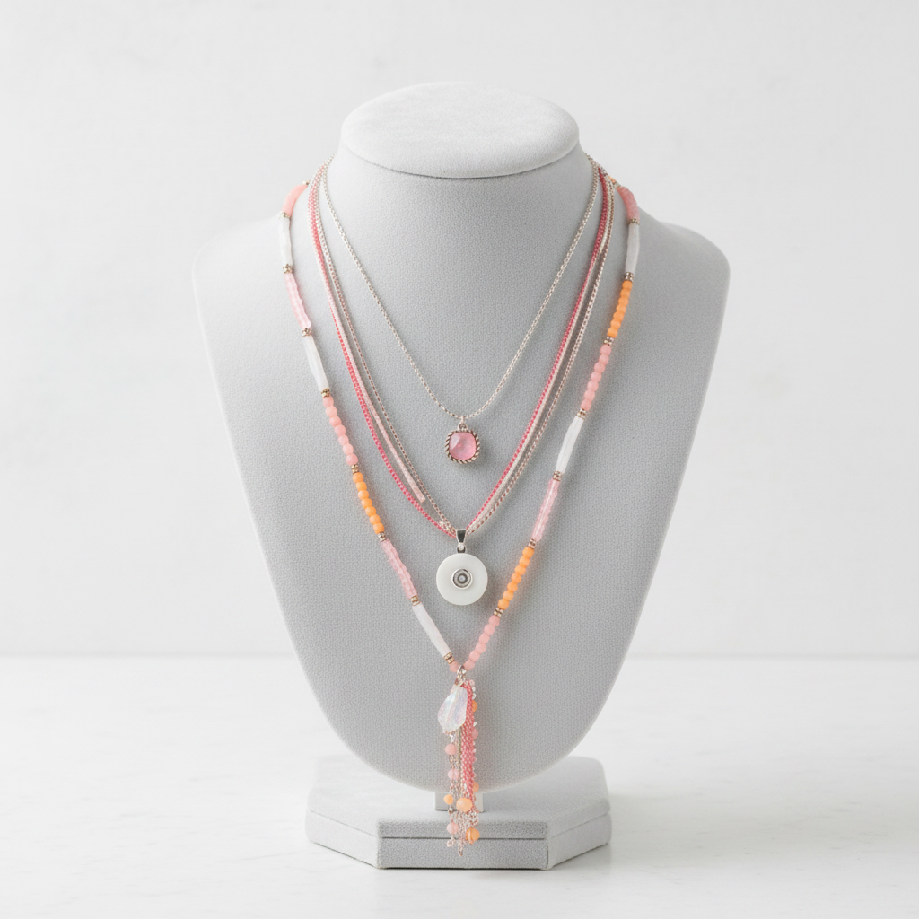 Layered necklaces with beads and pendants on a textured surface from Snappy Jewels