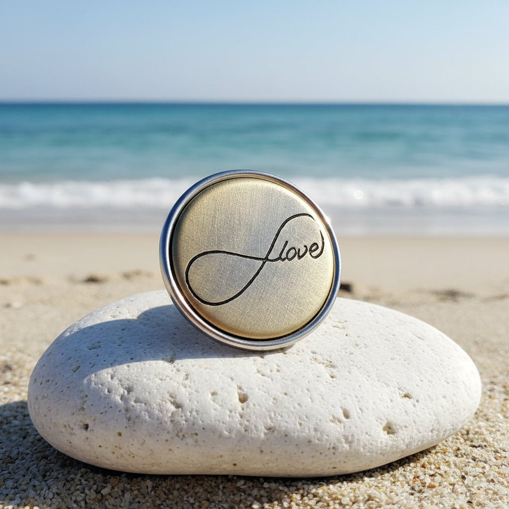 A round silver-toned snap button with a brushed gold-toned face featuring a black infinity symbol and the word 'love' written across it, set against a sparkly white background.