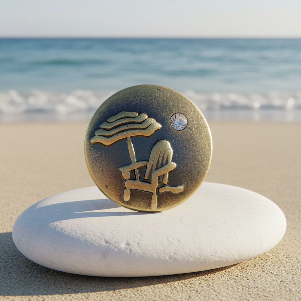 A round, antique bronze snap button featuring an embossed beach scene with an Adirondack chair, a striped beach umbrella, and a small sun