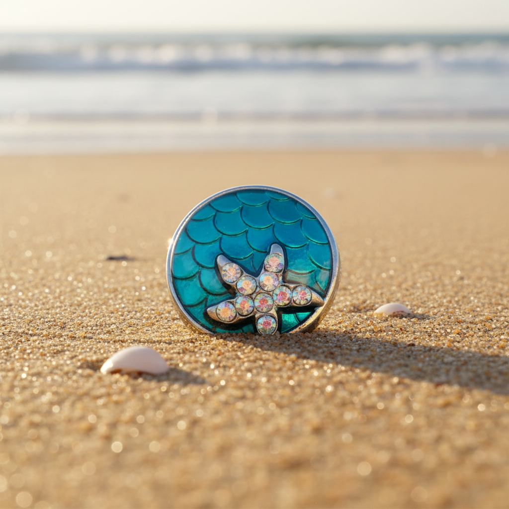 A round silver-toned snap button featuring a turquoise blue mermaid scale pattern and a central silver-toned star embellished with iridescent rhinestones, set against a white textured background.