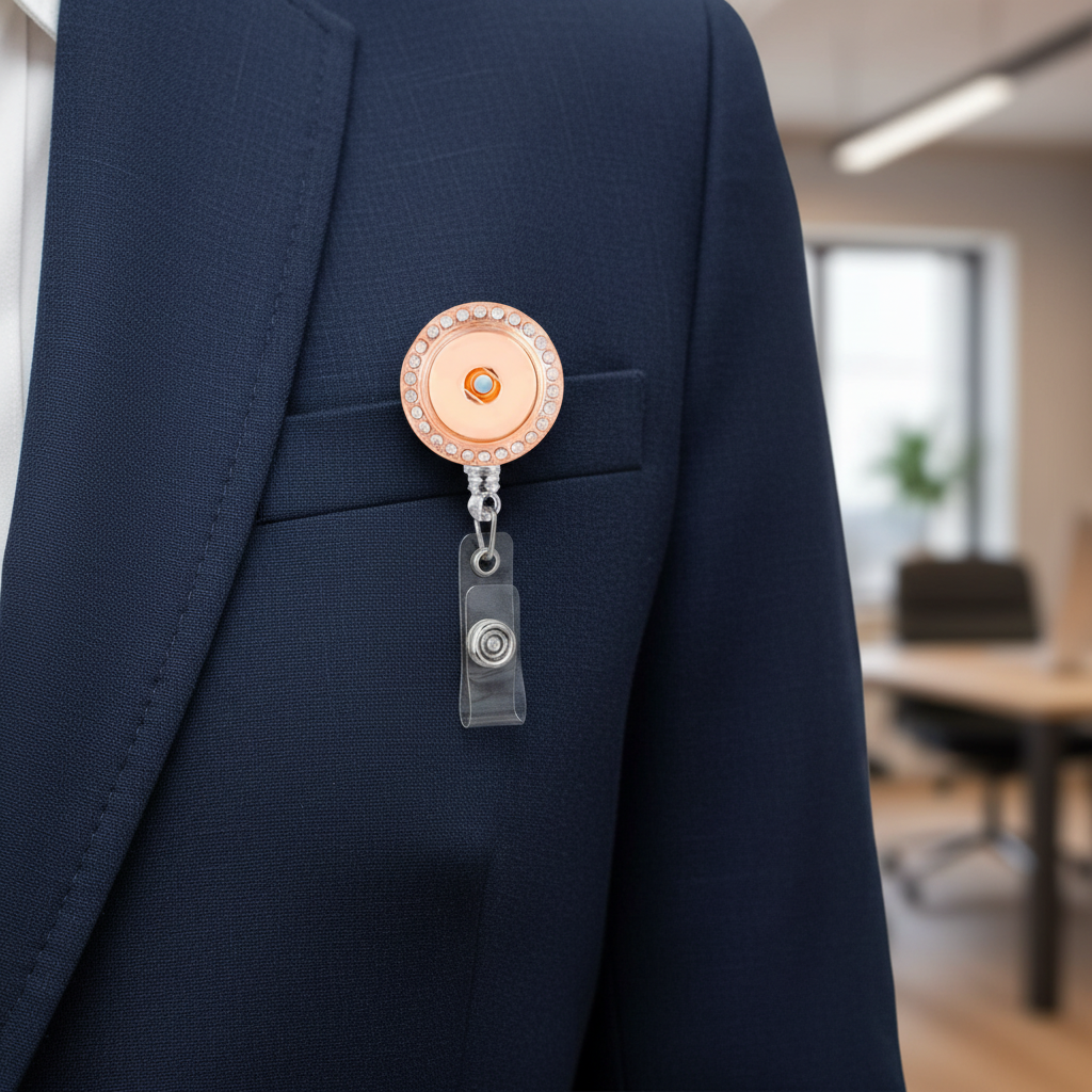 A close-up of a navy blue blazer pocket holding a round retractable badge reel with a peach-pink face, clear crystal border, and silver metal hardware, set against a blurred office background.