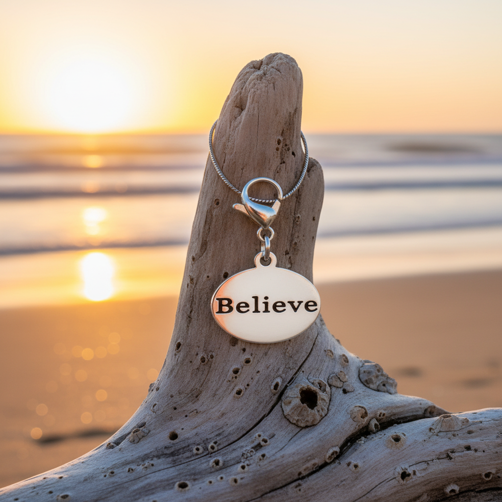 A silver oval pendant charm engraved with the word 'Believe' in black serif letters, suspended from a matching silver bird-shaped clasp. The charm is displayed in the foreground against a blurred beach sunset background.