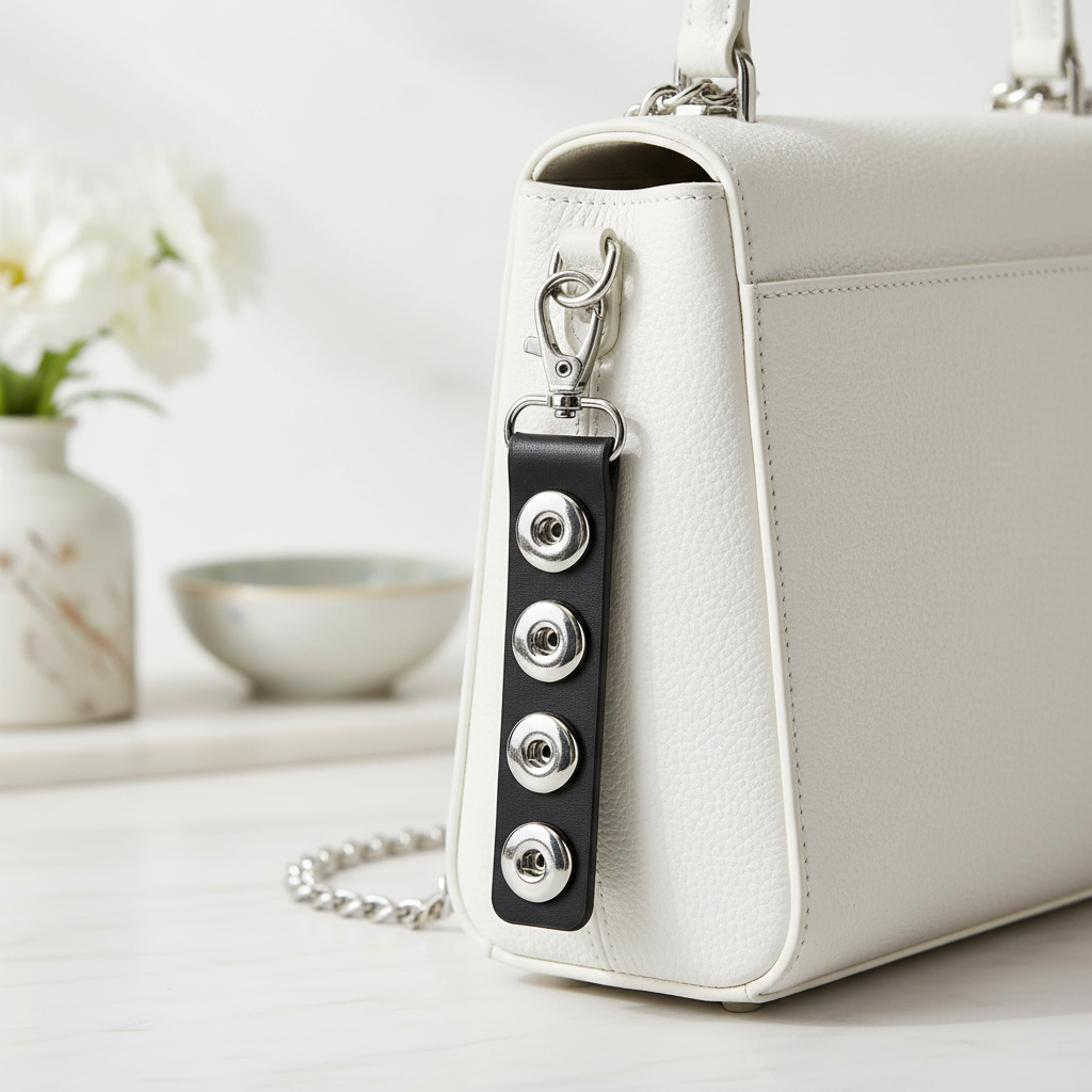 A close-up of a white textured leather handbag with a black leather strap detail featuring four silver-tone snap buttons and a silver clasp, set against a softly blurred light gray background with a vase of white flowers.