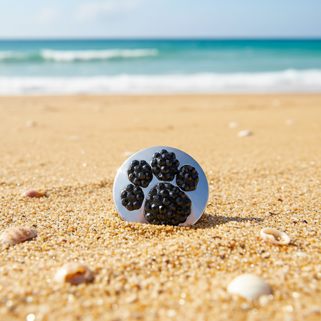 A round silver-toned snap button with a black paw print design, standing upright on a sandy beach with the ocean blurred in the background.