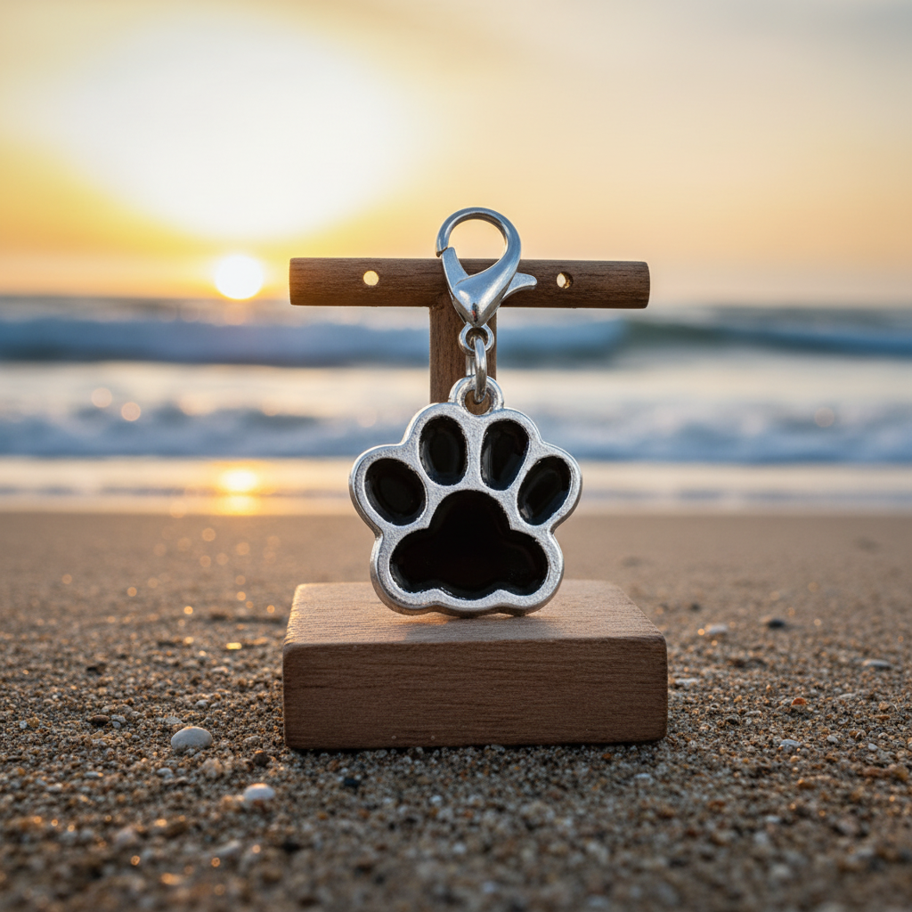 A silver paw print charm with dark brown enamel inlay, shown hanging over wet stones with a blurred sunset and ocean background.