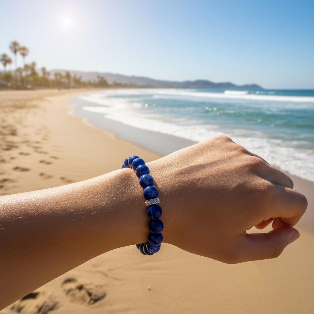 A beaded stretch bracelet made of deep blue lapis lazuli stones with a small silver spacer, on model on sandy beach with the ocean in the background.