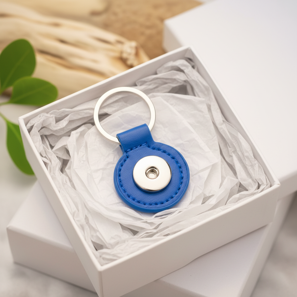 A blue circular retractable badge reel keychain with a silver metal split ring and central snap button, styled on a white surface with seashells and green leaves in the background.