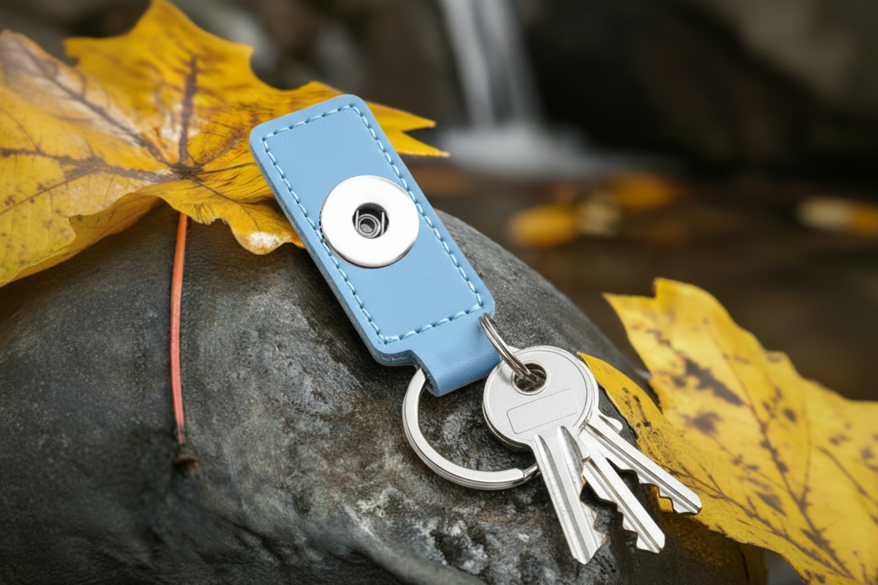 A light blue leather keychain with a silver snap button and attached metal keyring with keys, resting on a dark rock with yellow autumn leaves in a blurred outdoor setting.