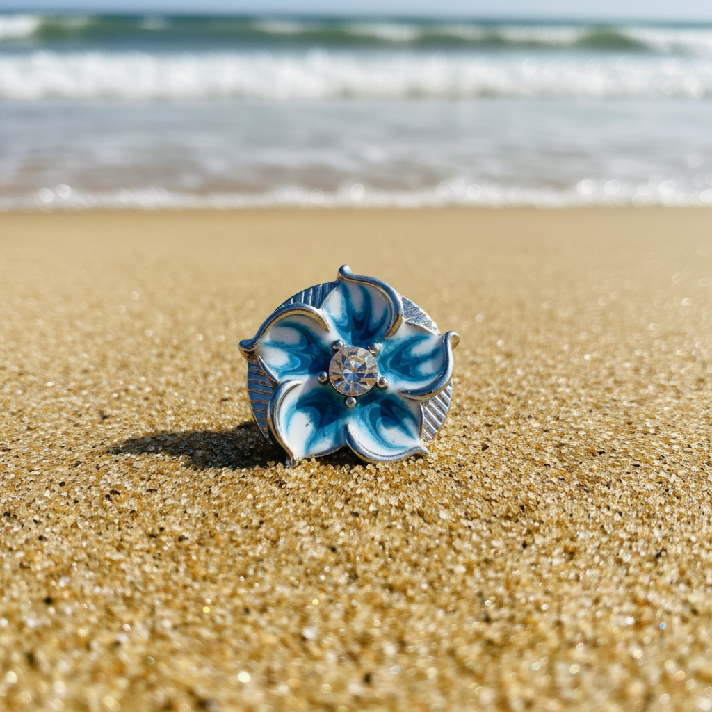 A round silver-toned flower-shaped snap button with blue and white enamel petals and a clear central gemstone, photographed on a sparkly white background.