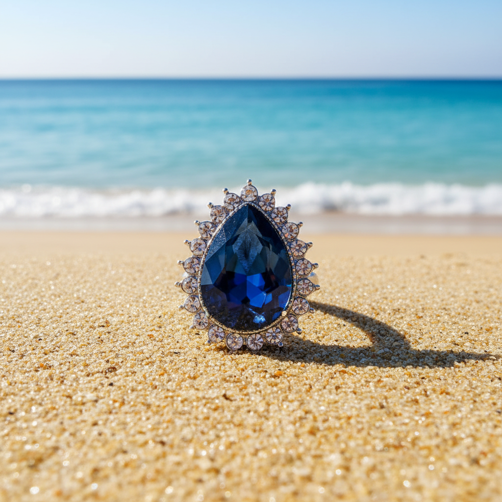 A teardrop-shaped dark blue gemstone snap with a silver-toned halo of clear round stones, shown in a close-up product shot against a softly blurred warm-toned background.