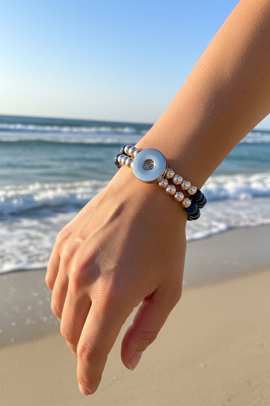 Statement Deep Blue & Rose Gold Cats Eye Beaded Stretch Bracelet