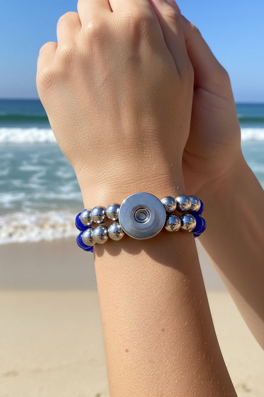 Statement Silver & Deep Blue Cats Eye Beaded Stretch Bracelet