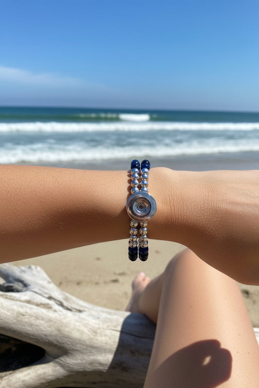 Statement Deep Blue & Silver Cats Eye Beaded Stretch Bracelet