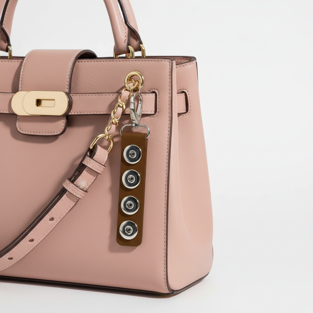 A close-up of a blush pink leather handbag with gold-tone hardware, featuring a decorative brown keychain charm with four silver-tone circular studs.