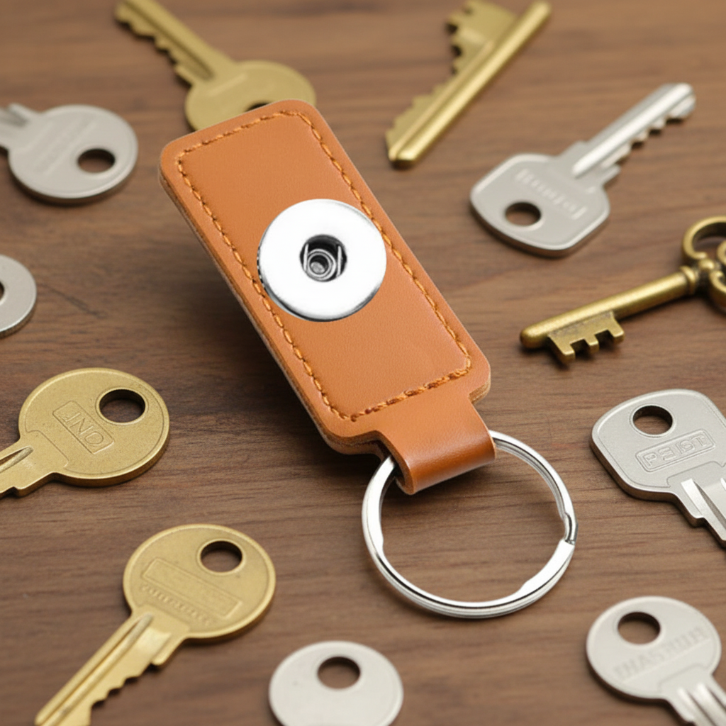A tan leather keychain with a silver metal snap button and split key ring, displayed on a wooden surface surrounded by various keys.