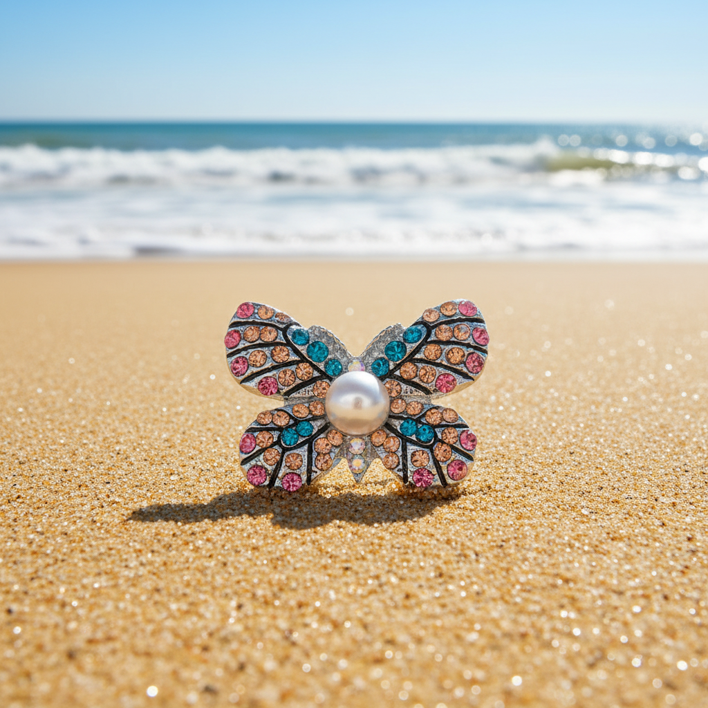 A butterfly-shaped snap button with a white faux pearl center and rows of pink, blue, and rose gold rhinestones on a silver-tone base, photographed outdoors on a sunny beach
