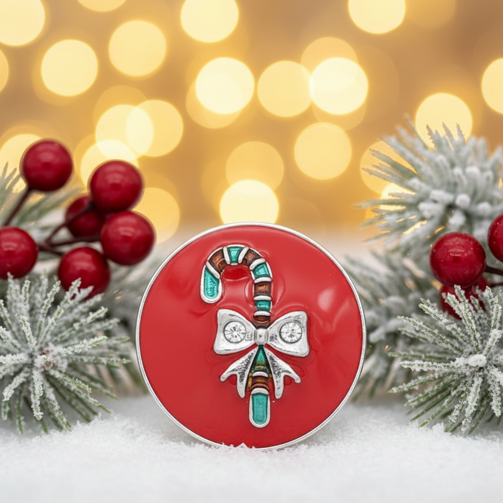 A round red Christmas snap featuring an enamel candy cane and bow motif with silver-tone metal outlines and turquoise accents, shown against a softly blurred holiday background with pine branches and red berries.