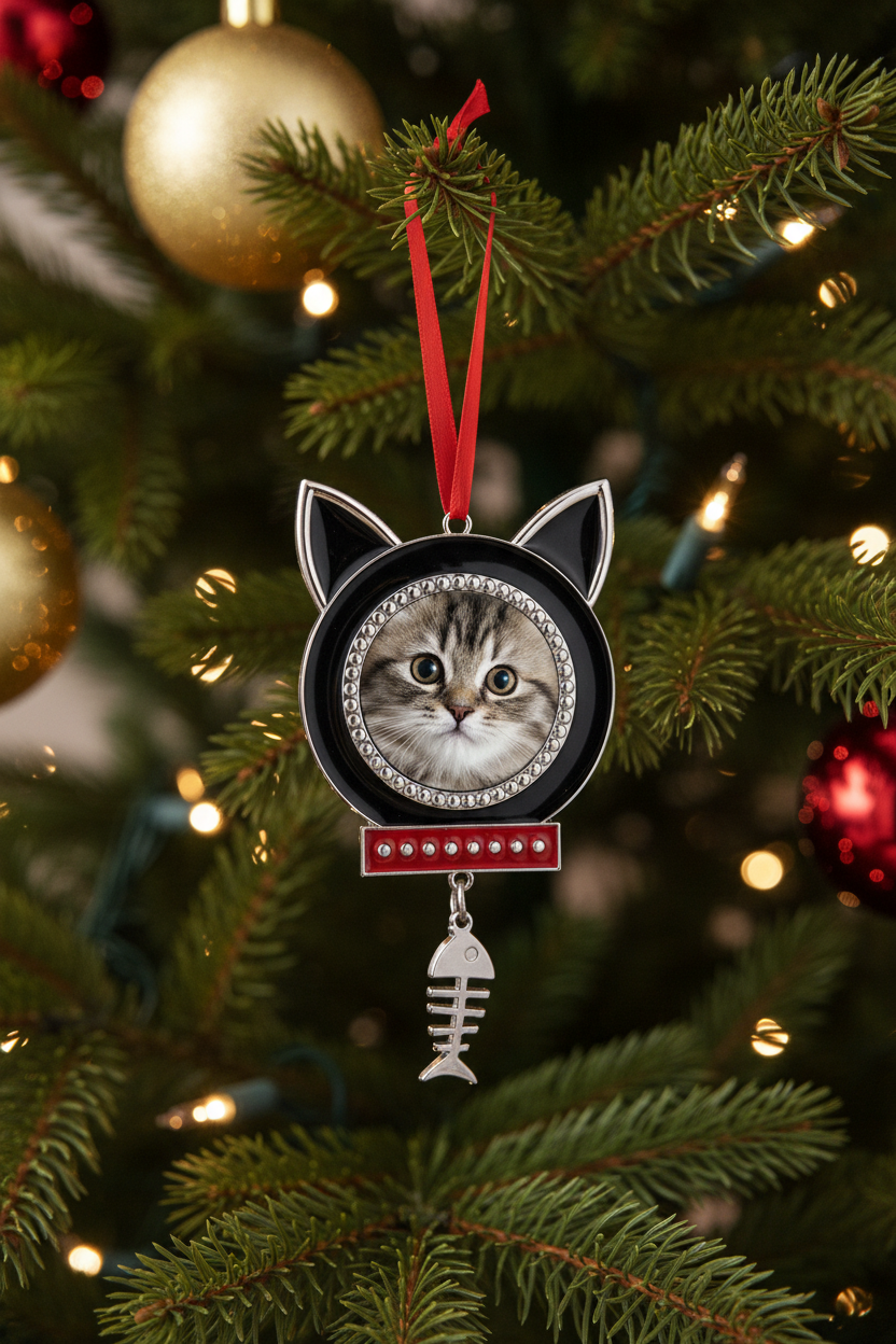 A cat-themed circular mirror ornament with black and silver cat ears, a beaded border around the mirror, a red hanging ribbon, a red collar detail with silver studs, and a dangling silver fish skeleton charm.
