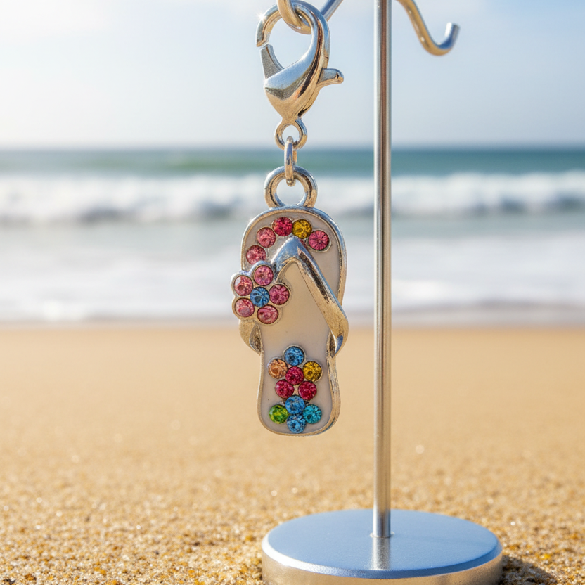 A silver flip-flop charm pendant decorated with colorful rhinestones in pink, blue, yellow, and green, attached to a silver lobster clasp, shown on a white background with a subtle sparkles effect.