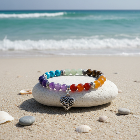 A beaded stretch bracelet with rainbow-colored stones and a silver heart charm, displayed on a white stone on a sandy beach with the ocean in the background.