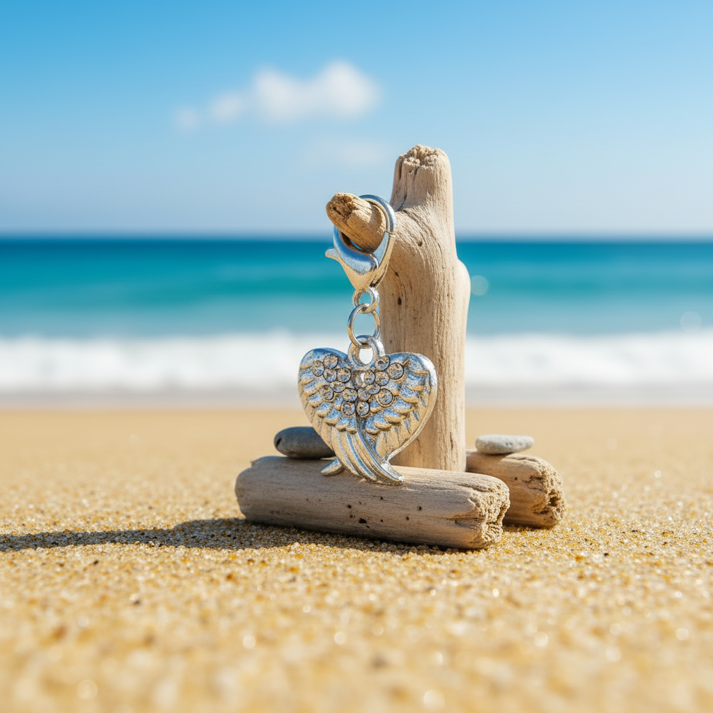 A silver-toned winged heart charm with clear rhinestones and a lobster clasp, photographed against a blurred beach and ocean background.