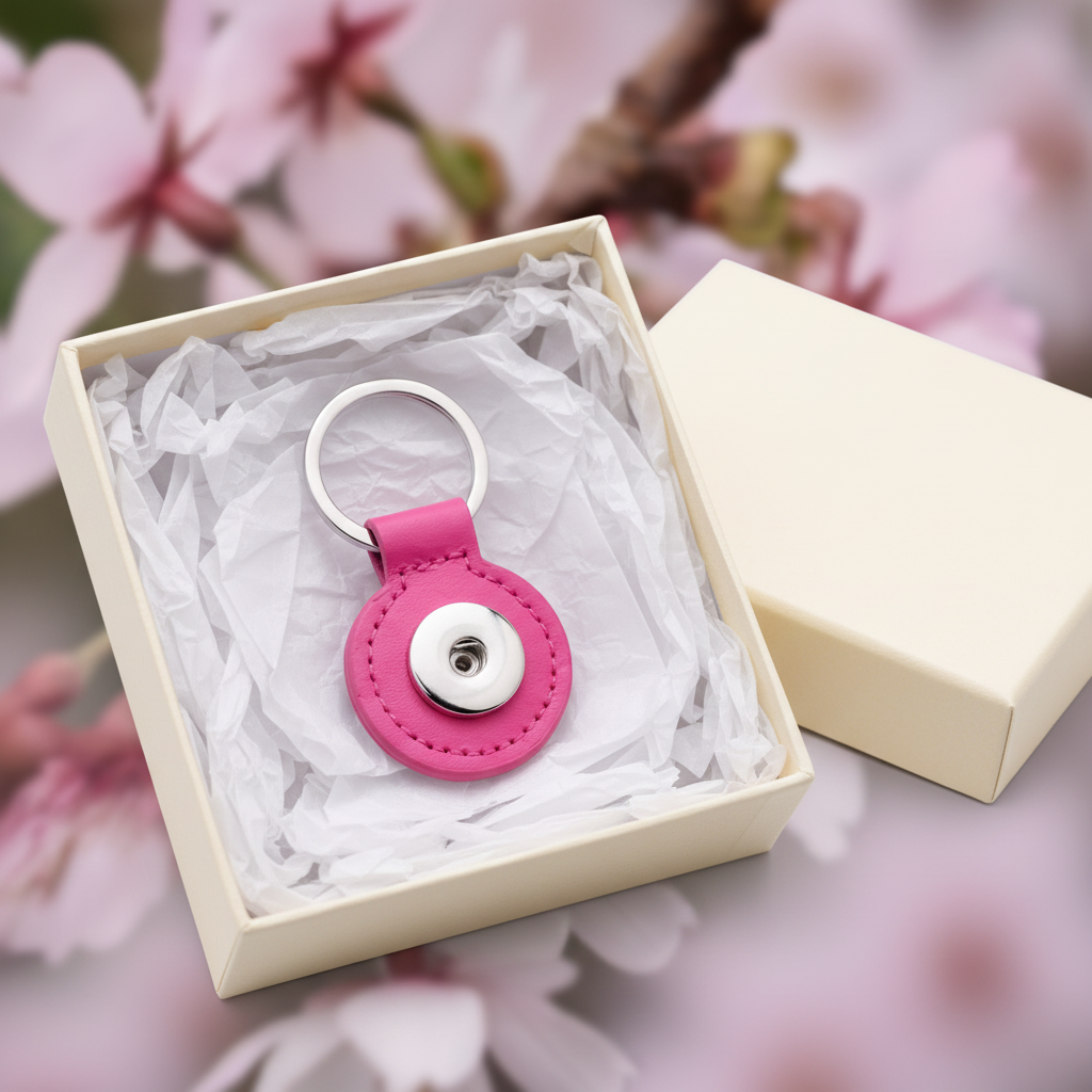 A pink leather keychain with a silver metal ring and snap button, presented inside an open cream-colored gift box with tissue paper, set against a soft-focus background of pink blossoms.