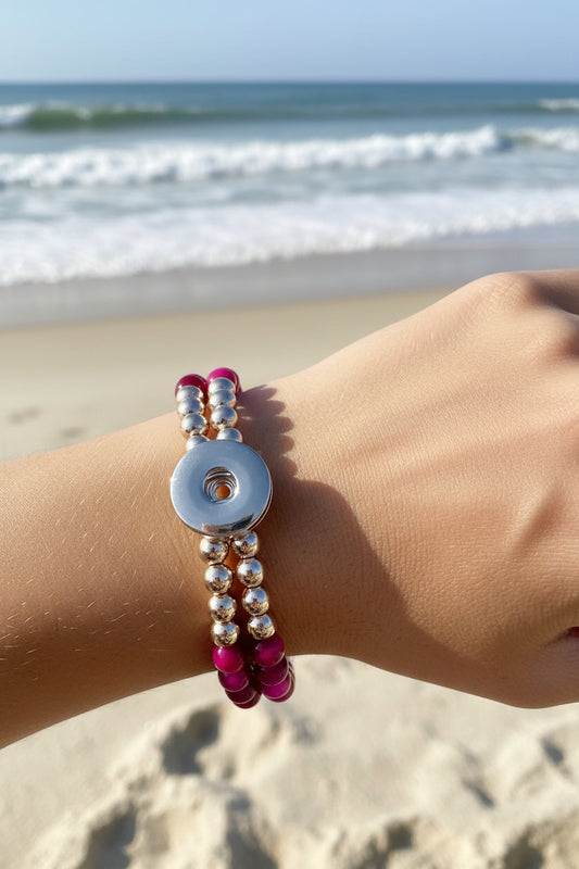 Statement Deep Pink & Rose Gold Cats Eye Beaded Stretch Bracelet