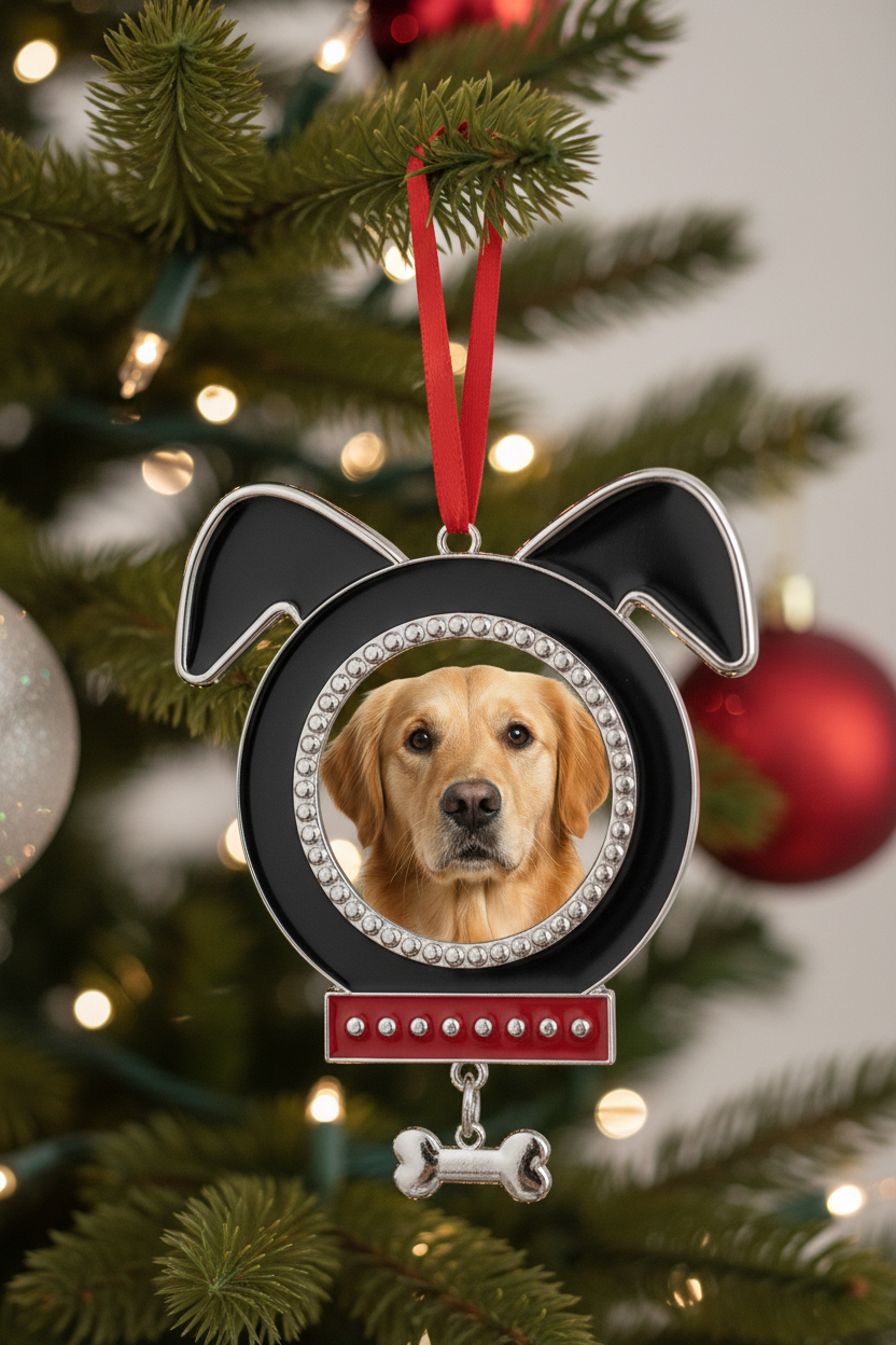 A dog-shaped hanging ornament with a black enamel body, silver-tone metal outlines, a circular mirror center bordered by small clear rhinestones, a red collar detail with rhinestones, and a dangling silver bone charm. A red hanging ribbon is attached at the top.