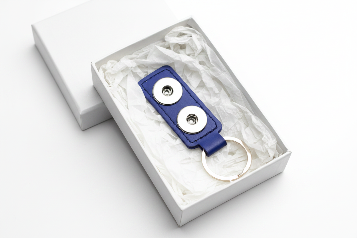 A blue leather keychain with two silver snap buttons and a silver metal key ring, shown on a plain white background.